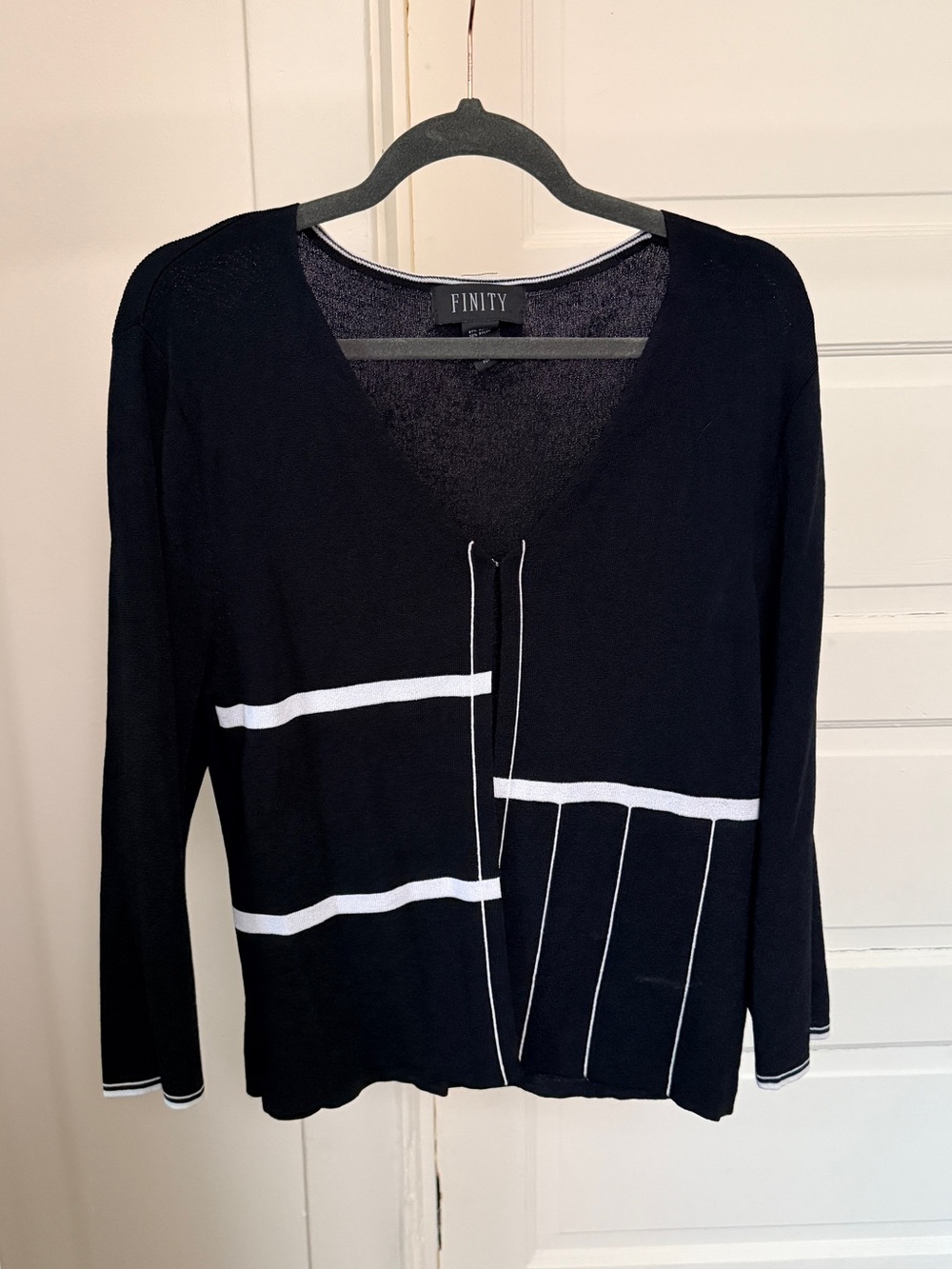 Finity Black Knit V-Neck Cardigan with White Stripe Accents
